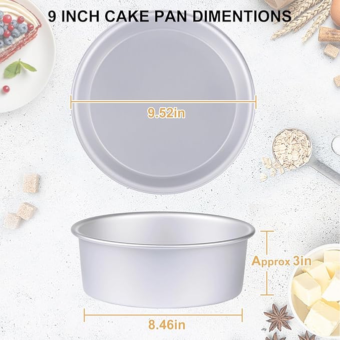9 x 3 inch Round Cake Pan Set of 3, Aluminum Baking Pans for Layer Cakes, Heavy Duty Non-Stick, Evenly Baking Molds for Home Kitchen, Birthday Wedding Anniversary