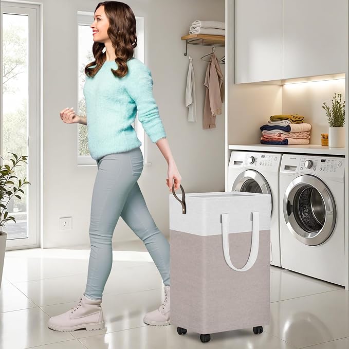 HomeHacks 90L Rolling Laundry Basket with 4 Wheels Collapsible Khaki | 4 Wheels, Waterproof PEVA Lining, Cotton Flax Fabric, Metal Frame, Bathroom Laundry Room Dorm Storage, Space-Saving Design