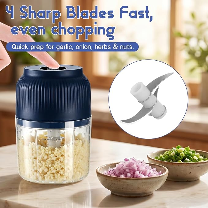 Electric Garlic Chopper, 2026 New Mini Food Processor & Food Chopper for Kitchen, Portable Cordless Garlic Mincer with 4 Stainless Steel Blades, Small Vegetable Chopper for Onion Salad (300ML Blue)
