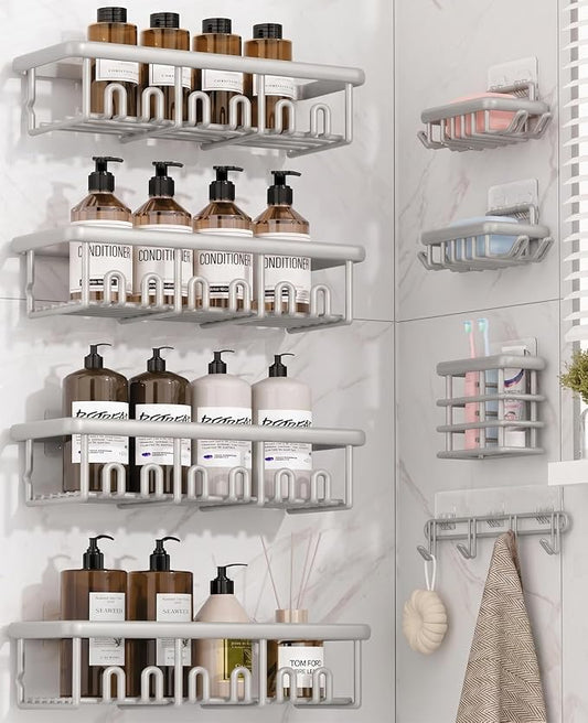 8 Pack Adhesive Rustproof Shower Caddy with Soap Dishes, Toothbrush Holder & Hooks, Large Capacity No-Drilling Shower Shelves Rack for Bathroom Organizers and Storage Accessories, Light Gray