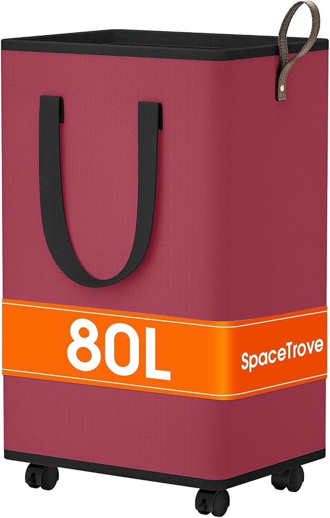 SpaceTrove Rolling Laundry Basket with Wheels, Laundry Hamper, 80L, Red | Collapsible, 4 detachable wheels including 2 with brakes, sturdy handle, metal frame, for dorms, bathrooms and bedrooms