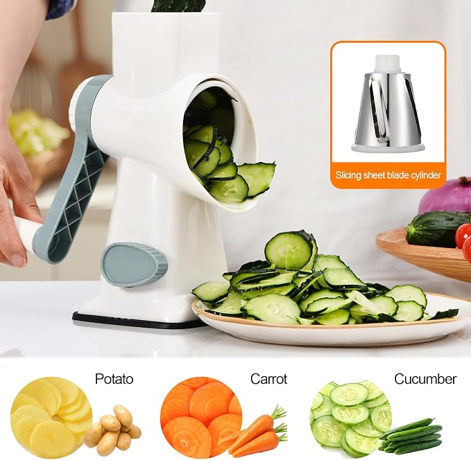 Rotary Cheese Grater Manual Hand Crank 3-in-1 Vegetable Shredder | Finger-safe design, stainless steel drums, suction base. Perfect for cheese, vegetables, nuts & chocolate. Easy to clean