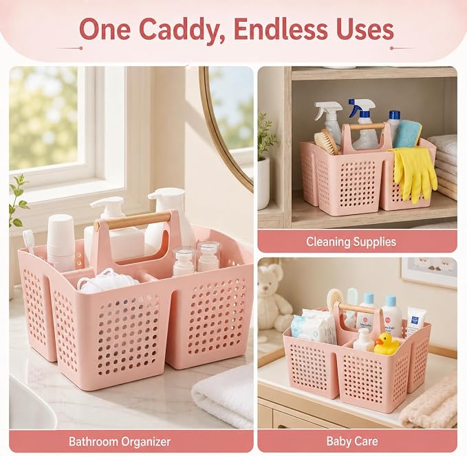 Portable Shower Caddy Basket with Wood Handle, 3-Compartment Bathroom Organizer Tote with Drain Holes, Plastic Shower Basket for Dorm, Toiletries, Cleaning Supplies, Pink