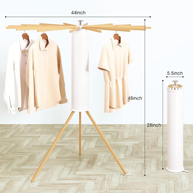 Heavy-Duty Wooden Tripod Clothes Drying Rack, 16 Rods, Large Capacity, 360° Airflow Umbrella Dryer, Foldable Space-Saving Floor Stand for Indoor Outdoor Use