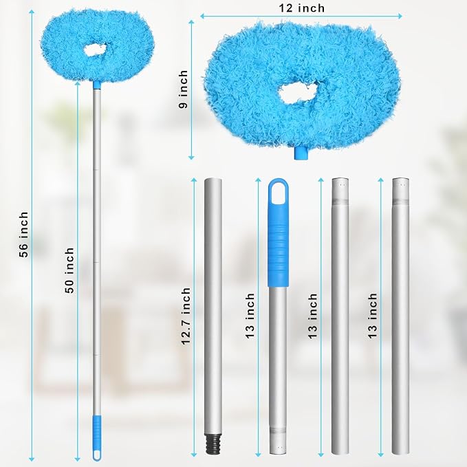 Eunice 13-50 Inches Ceiling Fan Duster with Extension Pole | Extendable Microfiber Cleaning Brush for High Ceiling, Blades, Cobwebs, Adjustable Dusting Tool for Window,Door(2Pcs Blue)