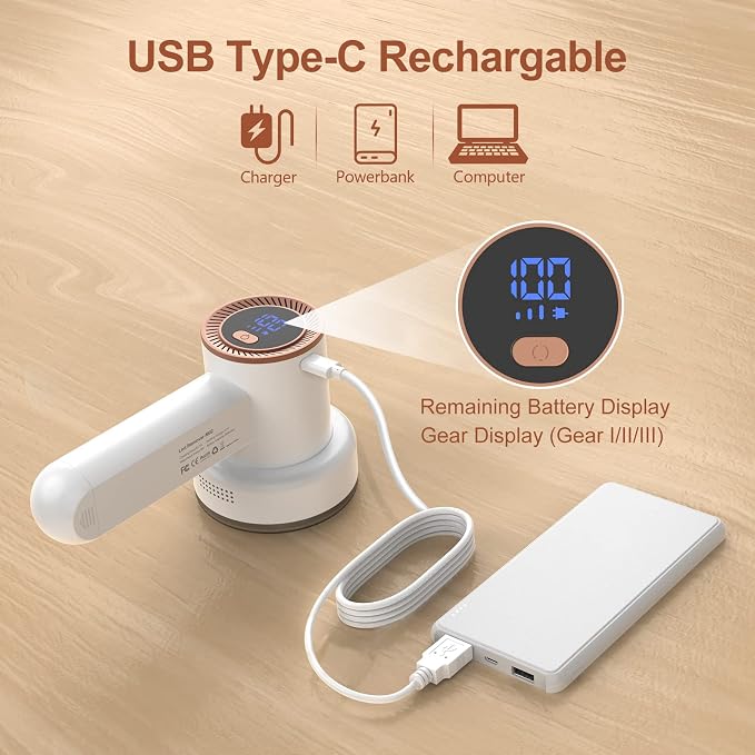 HOMEASY Fabric Shaver, Rechargeable Lint Remover for Clothes White | Electric sweater shaver and depiller with 70mm head, 6-leaf blades, LED battery display and Type-C charging for Furniture