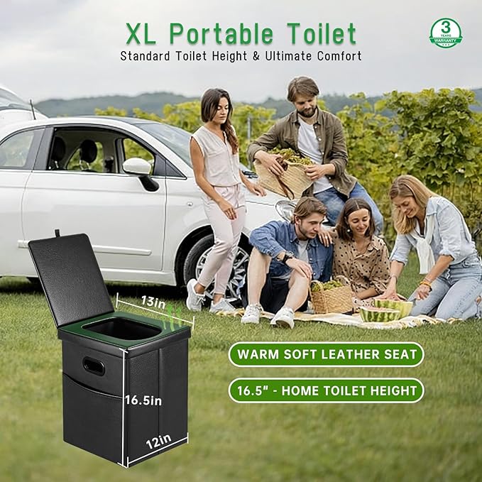 Portable Toilet Kit with Pop-Up Privacy Tent, All-in-One Outdoor Bathroom & Changing Room with Camping Toilet Seat, Waste Bags, LED Light for Camping, RV, Road Trip (Toilet with Green Tent)