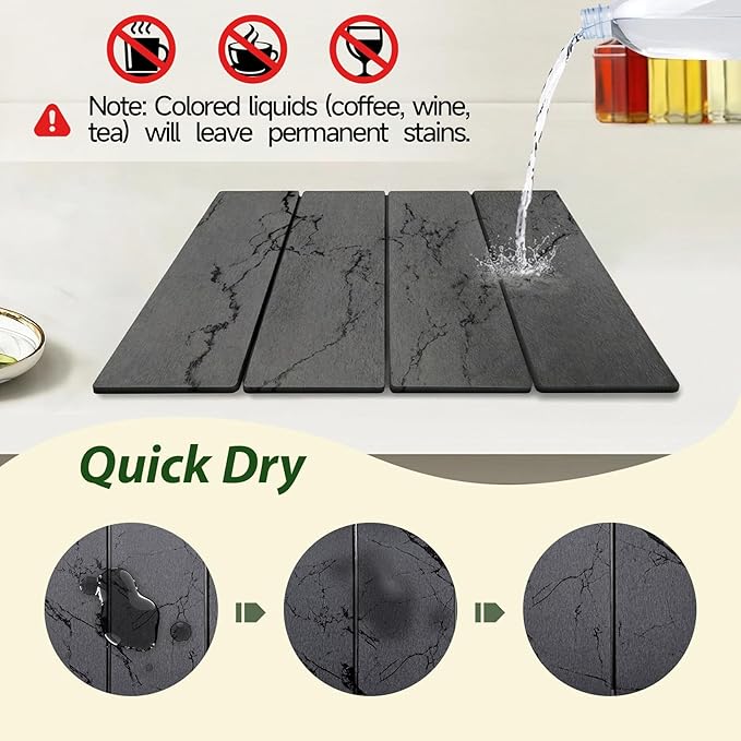 Large Stone Drying Mat for Kitchen Counter, 24"x16" Collapsible Quick Dry Dish Drying Mat, Water-Absorbent Marble Diatomaceous Earth Mats for Bottles Cups Dishes, Match Any Countertop