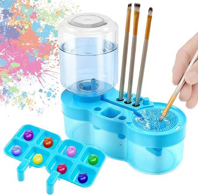 Paint Brush Cleaner for Kids Water Circulation Paint Brush with Drain Paint Water Dispenser with Palette Brush Holder Paint Brush Washer for Acrylic Painting Watercolor Art Supplies(blue)