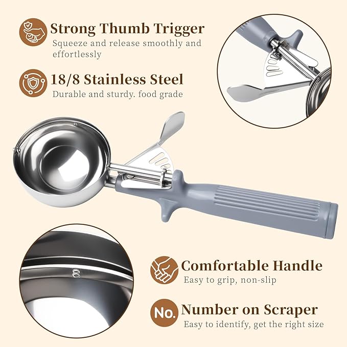 HOMURE H 4 OZ Scoop, Ice Cream Scoop with Trigger, #8 Disher, Muffin Scoop, Large Cookie Scoops for Baking, Grey Handle, With Trigger for Portion Control