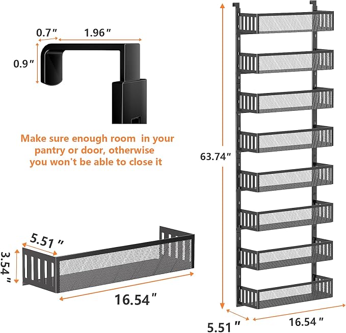 8-Tier Over The Door Pantry Organizer with Mesh Baskets, Adjustable & Stable Hanging Spice Rack for Kitchen, Bathroom, Bedroom, and Baby Essentials Storage (16" W 8-Tiers, Black)