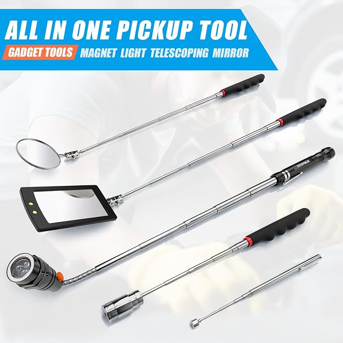 5 PCS Magnetic Pickup Tool Set, 1lb & 15lb Pick Up Rod, Magnetic Flashlight Pickup Tool, Round and Square 360 Swivel Adjustable Inspection Mirror, Mens Gifts for Him, Birthday Gifts for Men Women Dad