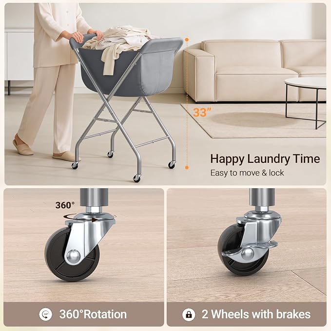 ELYKEN Laundry Basket with Wheels, Collapsible Laundry Hamper, Gray | Removable Liner Bag, Foldable Design, 118L Capacity, Sturdy Metal Frame, 4 Casters, Laundry Cart for Bedroom, Laundry Room