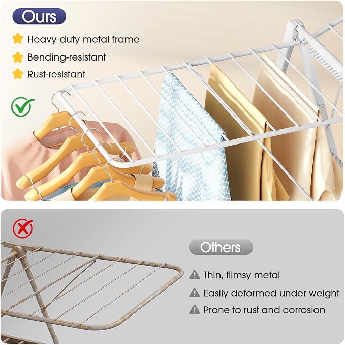APEXCHASER Clothes Drying Rack, 67.7" L Height Adjustable, Foldable, White | 1.5"Folded, No Assembly, Space-Saving, Spacious Design, Adjustable Wings, Clips, Mesh Shelf, Shoe Rack, Indoor & Outdoor Use