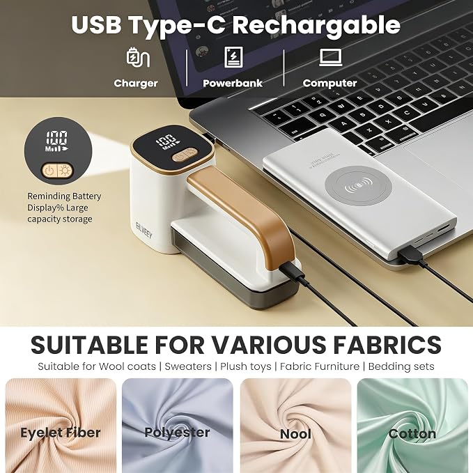 Eilveey Fabric Shaver Rechargeable Lint Remover with 3 Extra Blades & Light | Electric Lint Shaver 3 Speed Adjust, 9000 RPM Sweater Defuzzer, Pilling Remover for Clothes Furniture Couch Upholstery