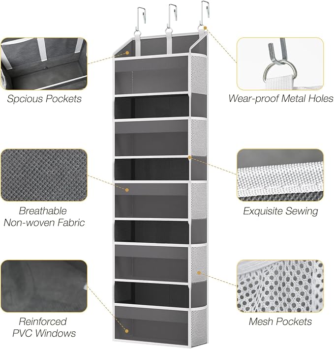 Over the Door Organizer with 5 Front & 10 MeshSide Pockets, 50LB Capacity Extra Large Nursery & Bathroom Hanging Storage Organizer Multi-Room Space-Saving Designwith 3 Hook for Kitchen, Pantry,Grey