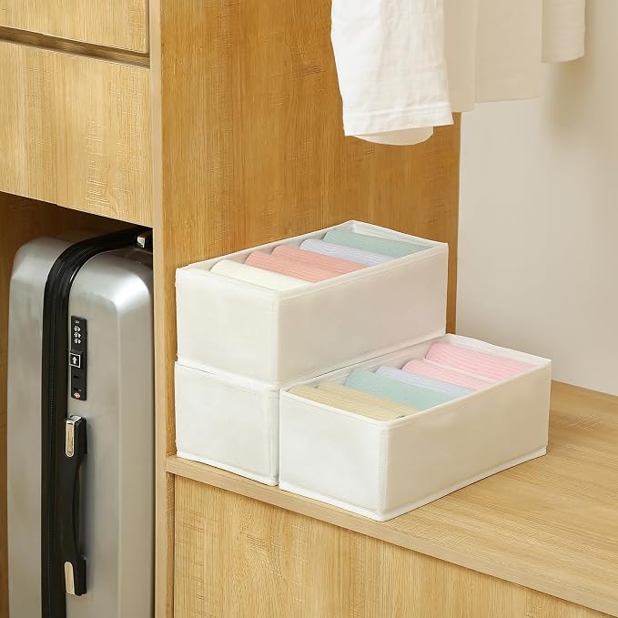 Qozary 3 Pack Sock Underwear Drawer Organizer Dividers, Non-Woven Fabric Collapsible Cabinet Closet Storage Boxes for Clothes, Socks, Lingerie, Underwear, Tie, Belt, Baby, Bedroom (White, 6 Cells)
