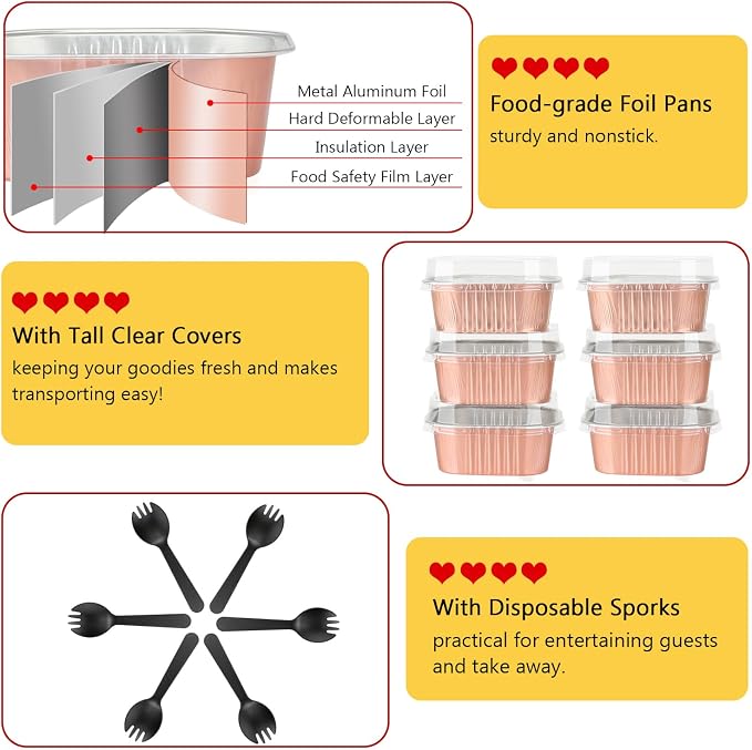 LNYZQUS 5oz Cupcake Mini Cake Pans with Lids 40 Pack, Aluminum Foil Cupcake Cups Brownie Baking Pans,Square Disposable Ramekins Baking Cups,Small Muffin Tin Holders-Champagne