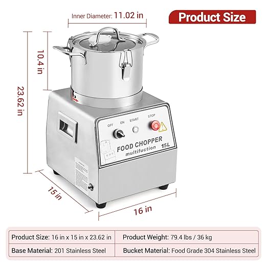 16 QT Commercial Food Processor, 1400W Stainless Steel Electric Food and Vegetable Processors, Easy Operation Chopper Meat Grinder Machine with Blade, Gloves, Brush, for Commercial Kitchen Restaurant