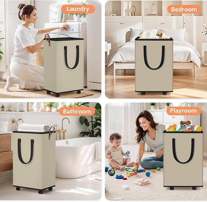 SpaceTrove Rolling Laundry Basket with Wheels, Laundry Hamper, 80L, Beige | Collapsible, 4 detachable wheels including 2 with brakes, sturdy handle, metal frame, for dorms, bathrooms and bedrooms