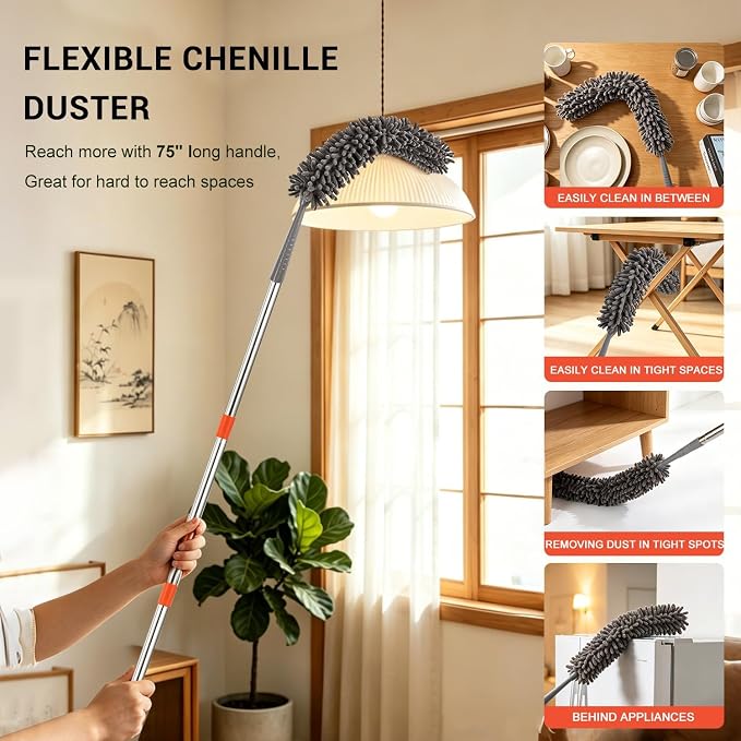 4 in 1 Fan Duster, Ceiling Fan Blade Cleaner with 76“ Long Handle | 360° Reusable Ceiling Fan Cleaners for Blades, Chenille Duster Cleaner Kit for Baseboard, Wall, Floor, Window