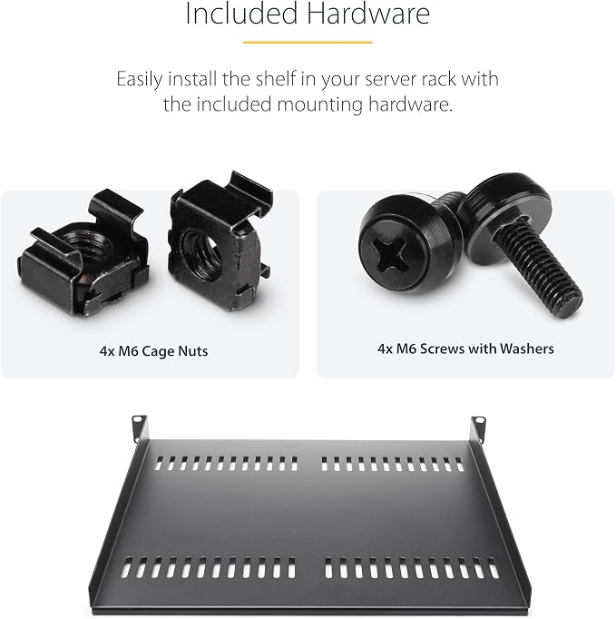 StarTech 1U Vented Cantilever Rack Shelf, 16in, 44lb/20kg (CABSHELF116V) | Universal vented rack mount tray, For 19in network equipment rack & cabinet, Heavy duty steel, 16in deep