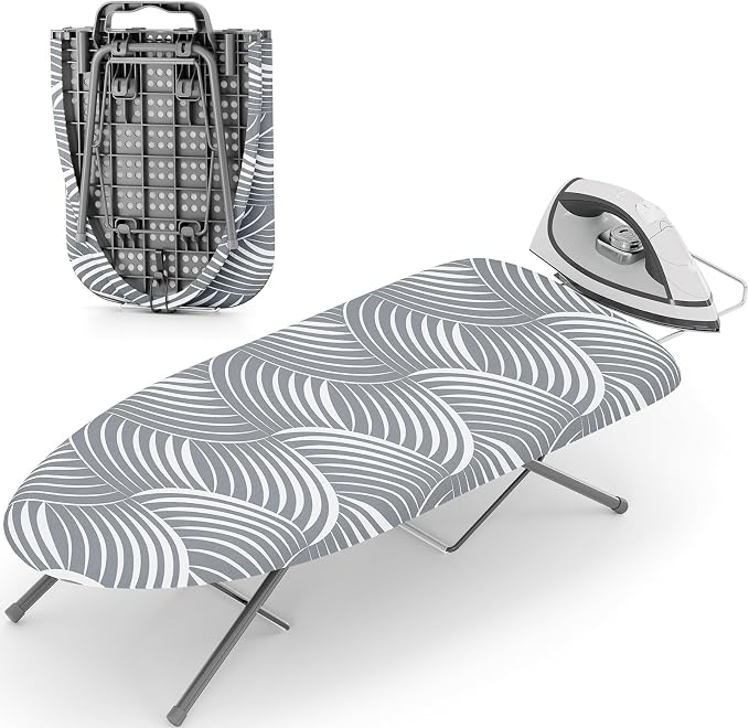 KINGBOARD Small Ironing Board with Iron Rest, Extra Thick Cover 30x12 Grey | Tabletop Ironing Board with Non-Slip Feet, Portable Folding Iron Board with Heat Resistant Cover for Travel Small Space