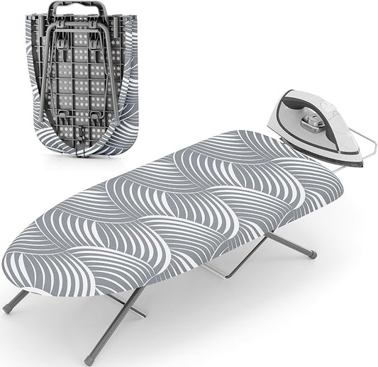 KINGBOARD Small Ironing Board with Iron Rest, Extra Thick Cover 30x12 Grey | Tabletop Ironing Board with Non-Slip Feet, Portable Folding Iron Board with Heat Resistant Cover for Travel Small Space