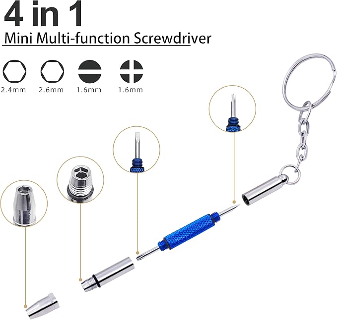 4 Pcs Mini Eyeglass Screwdriver, 4 in 1 Watches Precision Screwdriver Kit, Eyeglass Repair Set, Sunglass Watch Toy Repair with Keychain, Stainless Steel Alloy Watchmaker Tool(4 colors)