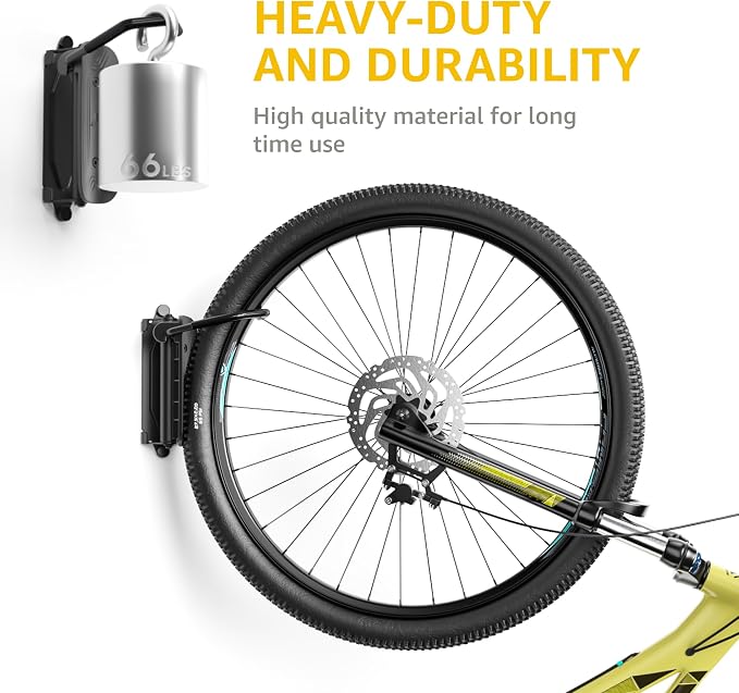 monTEK Swivel Bike Wall Mount, Bike Hangers for Garage, 4 Pack | Heavy-duty vertical wall bike storage rack swivels 150° to save space; holds 66 lb each and fits tires up to 3.54 in wide