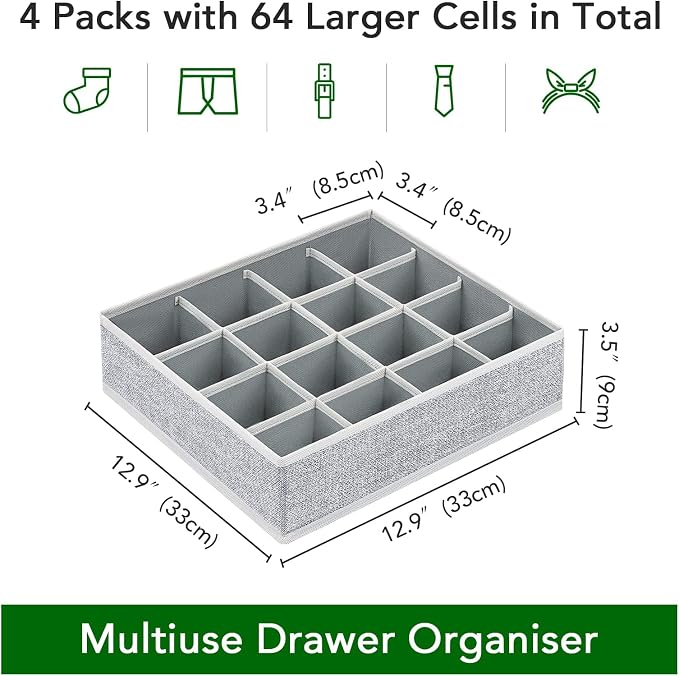 Joyoldelf Sock Drawer Organizer Divider Underwear Organizer 16-cell Fabric Dresser Drawer Organizers Storage Boxes for Socks Lingerie, Handkerchiefs, Ties 4 Pack (Blended-Grey)