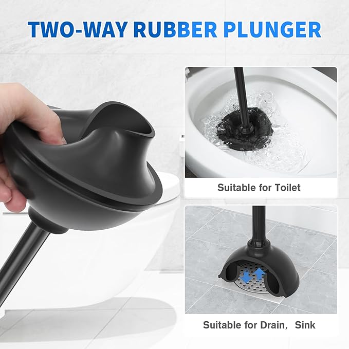 LOVLOY Toilet Plunger and Brush, Bowl Brush and Heavy Duty Toilet Plunger Set with Ventilated Holder, 2-in-1 Toilet Brush and Plunger Combo for 5.3-inch Toilet Drain Bathroom Cleaning (Black)
