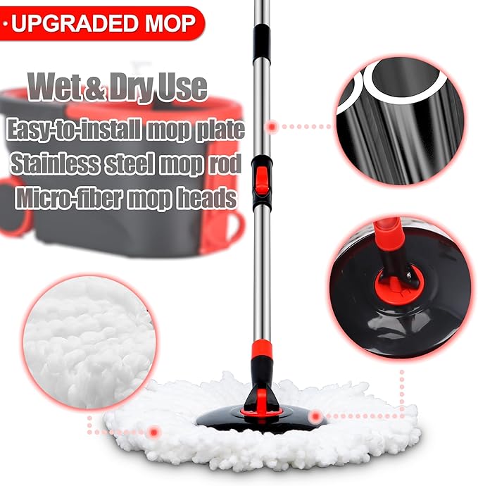 Spin Mop and Bucket with Wringer Set on Wheels, 360° Spinning Mop Bucket System with 3 Microfiber Mop Replacement Heads and 61" Stainless Steel Adjustable Handle for Floor Cleaning