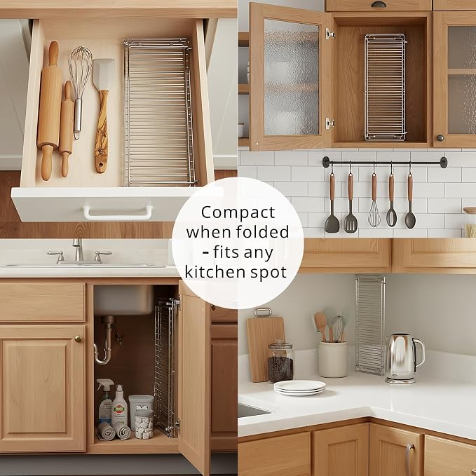 Collapsible Dish Drying Rack, Stainless Steel Dish Rack for Small Kitchens | JM.JEEMI Foldable Dishes Drainer with Pink Drying Mat, 15.8"x12.7" Space Saving Countertop Organizer for Dorm & Apartment