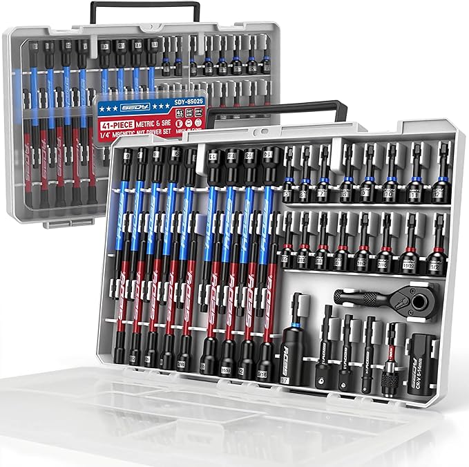 41-Piece Premium 1/4" Drive Magnetic Impact Nut Driver Set Metric & SAE Standard & Deep with Socket Adapters, 2-in-1 Ratchet Wrench, Wing Nut Driver, Universal Sockets, Quick Release Bit Holder