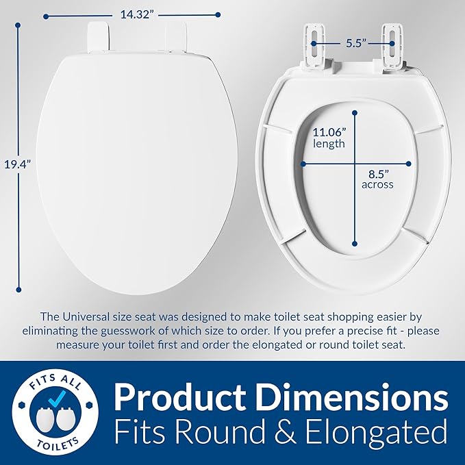 Mayfair Universal Size Slow Close Toilet Seat, Durable Plastic, Fits Round & Elongated Toilets, White