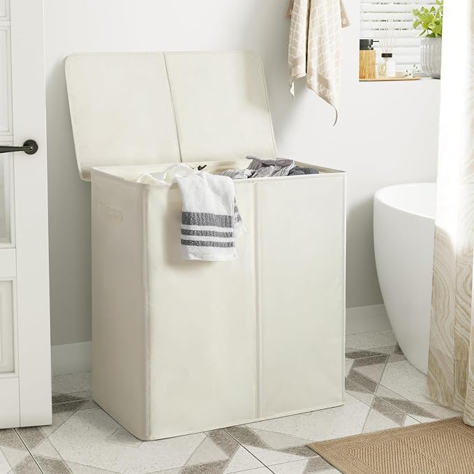 WOWLIVE 140L Double Laundry Hamper 2 Section with Lid and Removable Bags | Divided Laundry Basket, Large Dirty Clothes Hamper with Handle, Collapsible Laundry Storage for Dorm Room, College, Beige