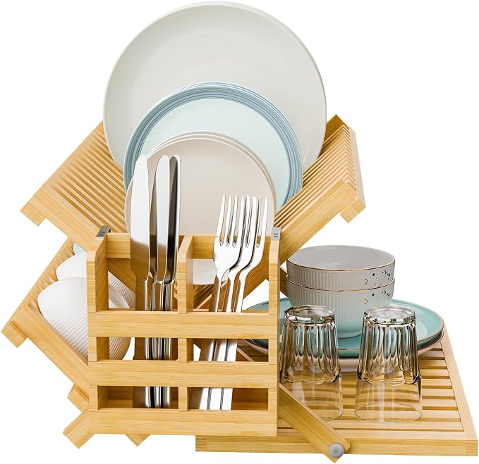 Simple Trending Bamboo Dish Drying Rack, 3 Tier with Utensil Holder | Collapsible Dish Rack, Large Foldable Dish Drainer for Plates, Cups, Bottles, Utensils, Kitchen Counter, Space Saving