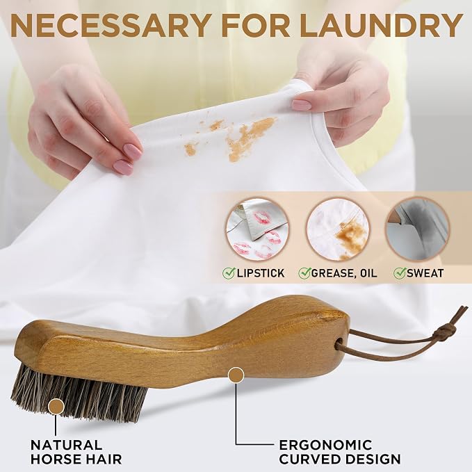 Laundry Stain Brush, Soft Natural Horse Hair, Safe on Delicates 2pcs | Clothes Cleaning Scrubber, Stain Remover for Shirts, Collars, Cuffs & Shoes, Curved Beech Wood Handle with Hanging Loop