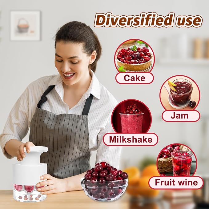 Cherry Pitter 7-in-1 Push Button Cherry Core Pitter Tool kitchen | Built-in Splatter Protector, Dishwasher Safe, Great for Homemade Cherry Jam Desserts Suitable for chefs, Pastry