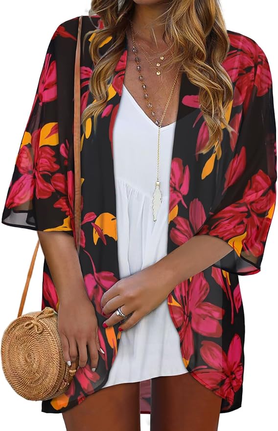 Women Kimono Cardigans Summer Cover Up Hawaiian Shirts Floral Print Tops | ROSEMIA chiffon kimono open front cardigans, beach cover ups, daily casual tops, cruise outfits, summer resort wear