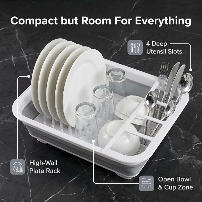 American Dream Collapsible Dish Drying Rack, Grey Foldable Kitchen Dish Drainer with Drain System, Space-Saving Organizer for Plates, Cups & Utensils