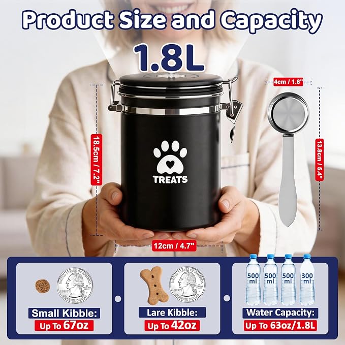 ENONCI Dog Treat Container Airtight- 7.2"x4.7" Large Stainless Steel Cat Treat Jar for Kitchen Counter with Scoop, Pet Storage for Fresh Dog Cookie