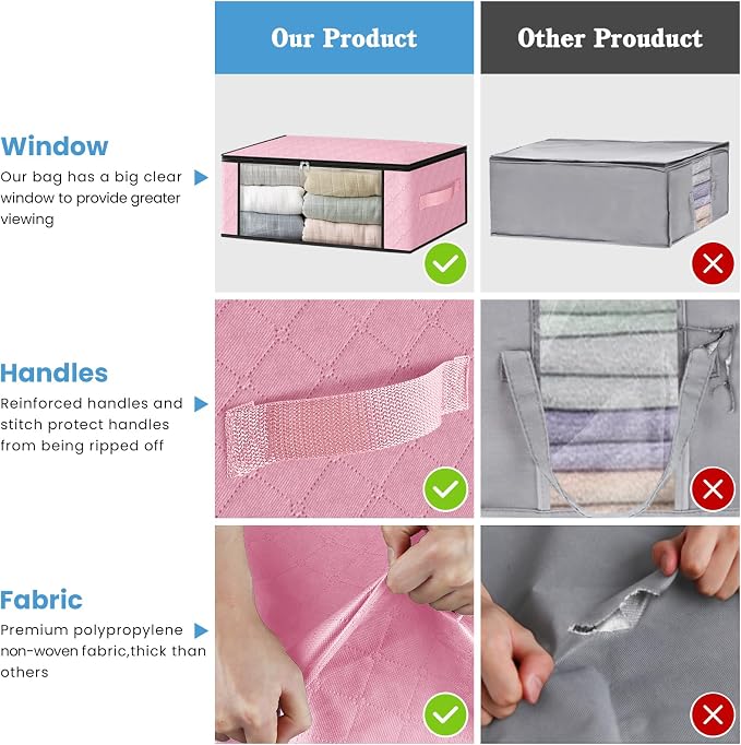 HomeHacks Storage 4-Pack Clothes Organizer Storage Bags Foldable Storage Box with Large Clear Window Sturdy Handles for Closet, Dorm, Pillows, Bedding, Clothes, Blankets, 35L, Pink