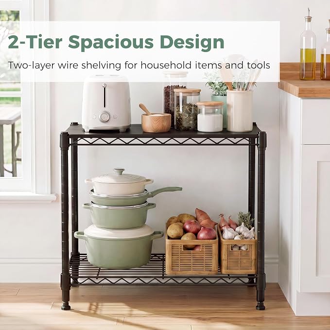 NEWBULIG 2-Tier Metal Wire Storage Shelves, Adjustable Heavy Duty Steel Shelving Unit, Freestanding Storage Rack Organizer for Kitchen, Pantry, Garage, Bathroom, 23.2" W x 13.4" D x 21.7" H, Black