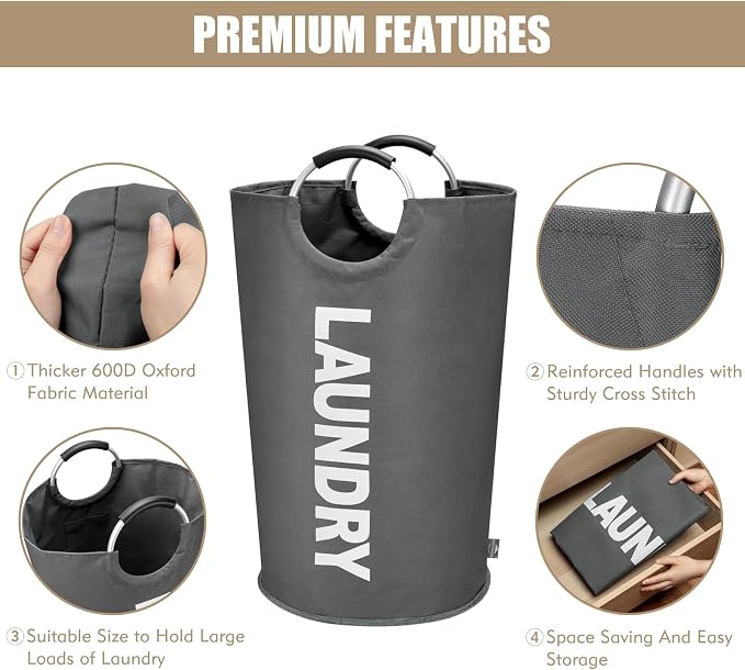 DOKEHOM 90L Large Laundry Basket Bag, Collapsible Tall Hamper, Dark Grey | Freestanding tall washing bin & foldable laundry bag. High-capacity clothes storage basket with durable sturdy handles