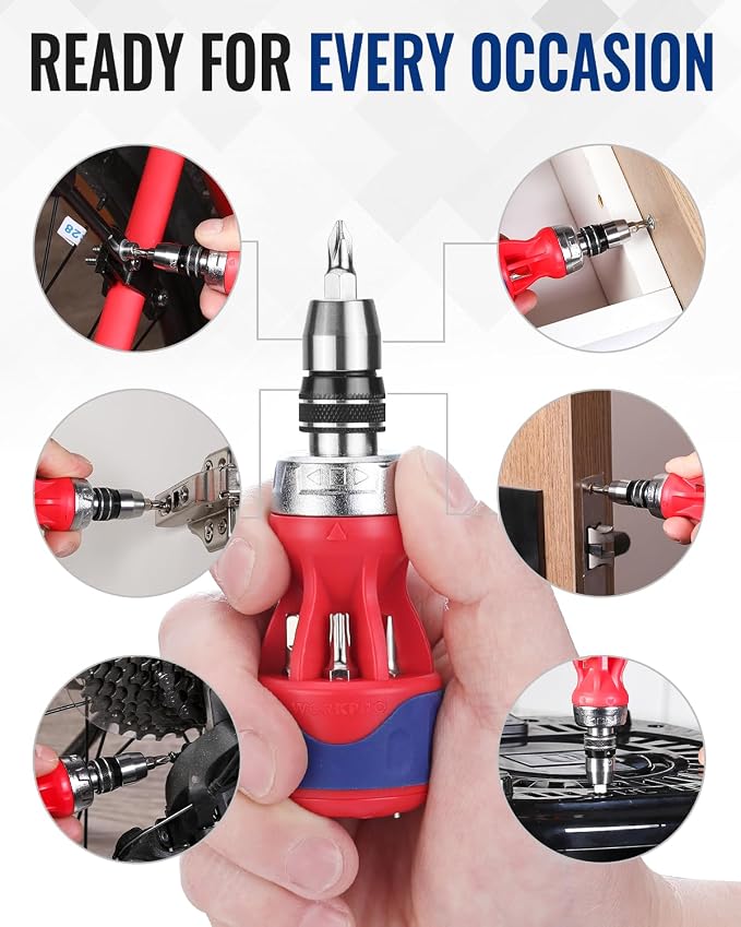 WORKPRO 12-in-1 Stubby Ratcheting Multi-bit Screwdriver | Short Screw Drivers with Magnetic, Quick-load Mechanism, Premium S2 Steel, Small Screwdriver with Double End Bits in Handle