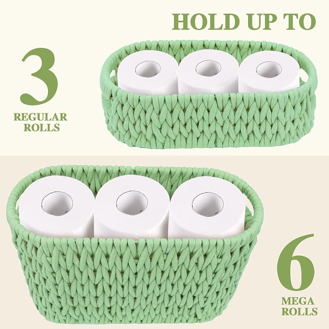 Boho Toilet Paper Storage Baskets, Cotton Rope Woven Bathroom Basket Set of 2, Standing Toilet Paper Holder for 6 Mega Rolls,Storage Bins for Toilet Tank Top, Bathroom Organizer Decor (Green 2 Pack)
