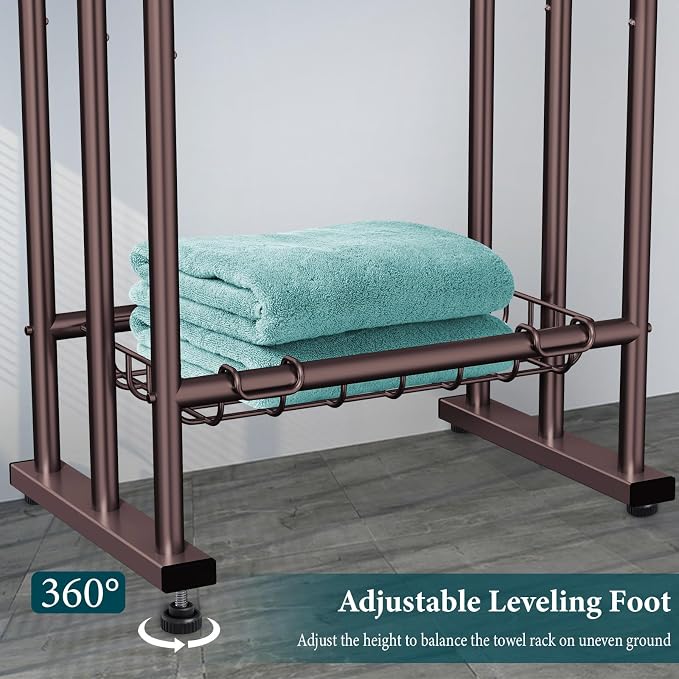 Kayfia 40'' Freestanding 3 Tier Alloy Steel Towel Rack with Storage Basket | Dual-Use Drying & Display Rack, Holds Oversized Bath Towels & Blankets, Fits Bathroom, Tub, Shower, Poolside, Bronze