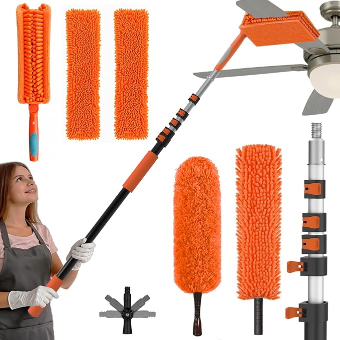SISIUPASSIE 30FT Reach Ceiling Fan Cleaner Duster, Ceiling Fan Blade Cleaner with Extension Pole, Washable & Replaceable Microfiber Feather Duster Kits